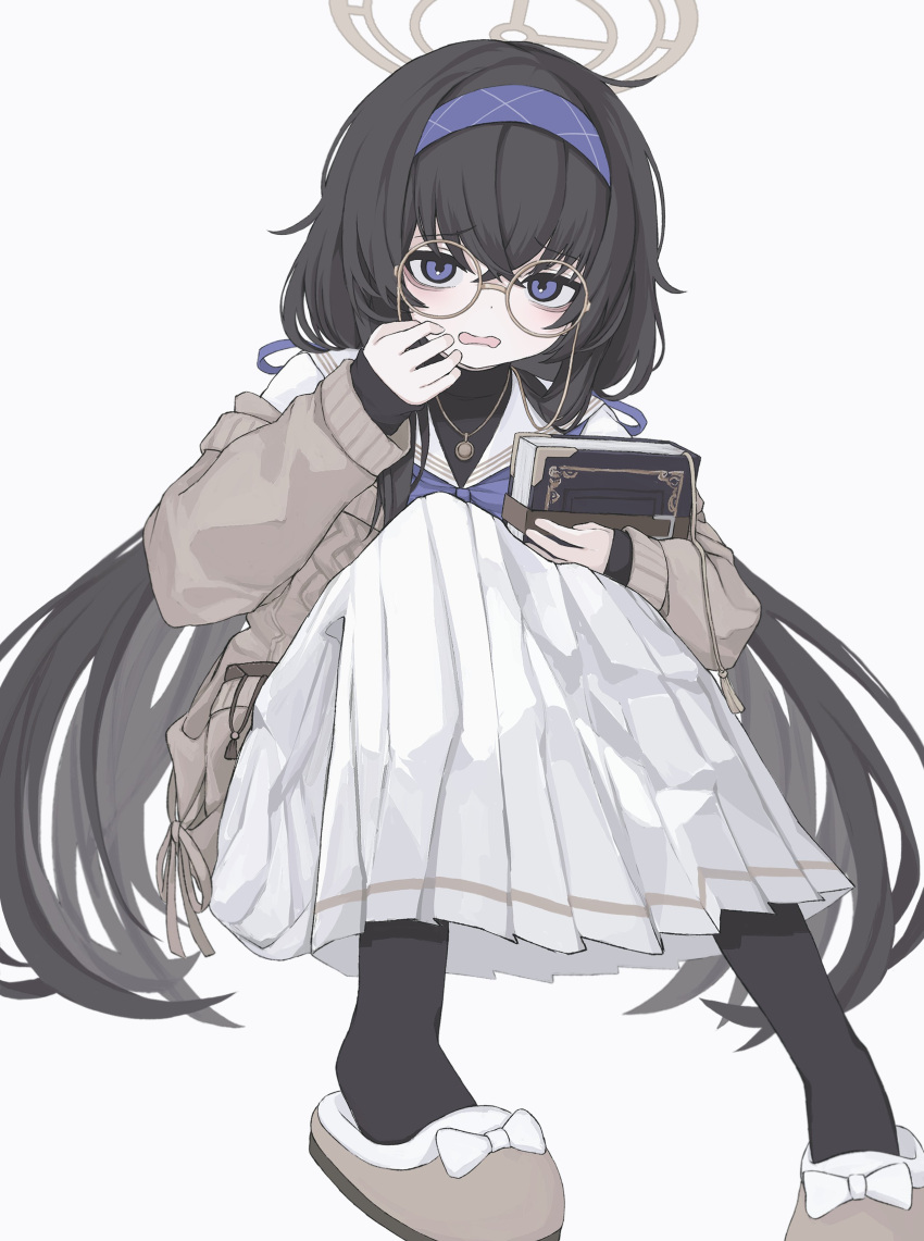 1girl absurdres bags_under_eyes black_hair black_undershirt blue_archive blue_hairband blue_neckerchief book cardigan eyewear_strap glasses grey_cardigan hairband halo highres holding holding_book long_hair neckerchief school_uniform serafuku simple_background sitting slippers solo sztxra ui_(blue_archive) white_background white_serafuku