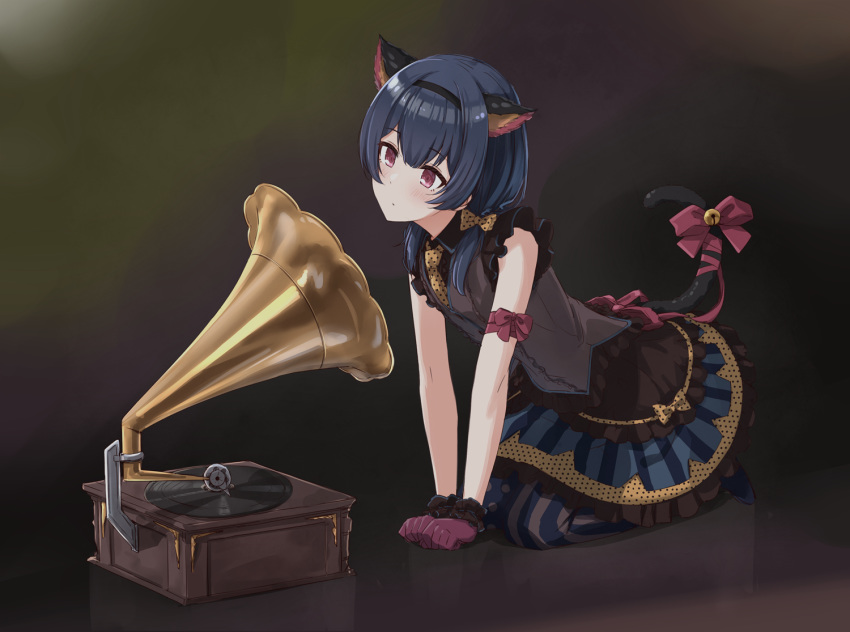 1girl all_fours animal_ears bangs bare_shoulders bell black_hair black_hairband blush bow cat_ears cat_girl cat_tail closed_mouth commentary dark_background dress eyebrows_visible_through_hair frilled_dress frills full_body gloves hairband head_tilt his_master's_voice idolmaster idolmaster_shiny_colors jingle_bell kemonomimi_mode layered_dress long_hair low_twintails mismatched_legwear mixed-language_commentary morino_rinze multicolored multicolored_clothes multicolored_dress necktie pantyhose parody phonograph polka_dot polka_dot_legwear polka_dot_neckwear purple_bow purple_gloves short_twintails sleeveless sleeveless_dress solo striped striped_legwear suke_(momijigari) tail tail_bell tail_bow twintails vertical-striped_legwear vertical_stripes violet_eyes wrist_cuffs yellow_neckwear