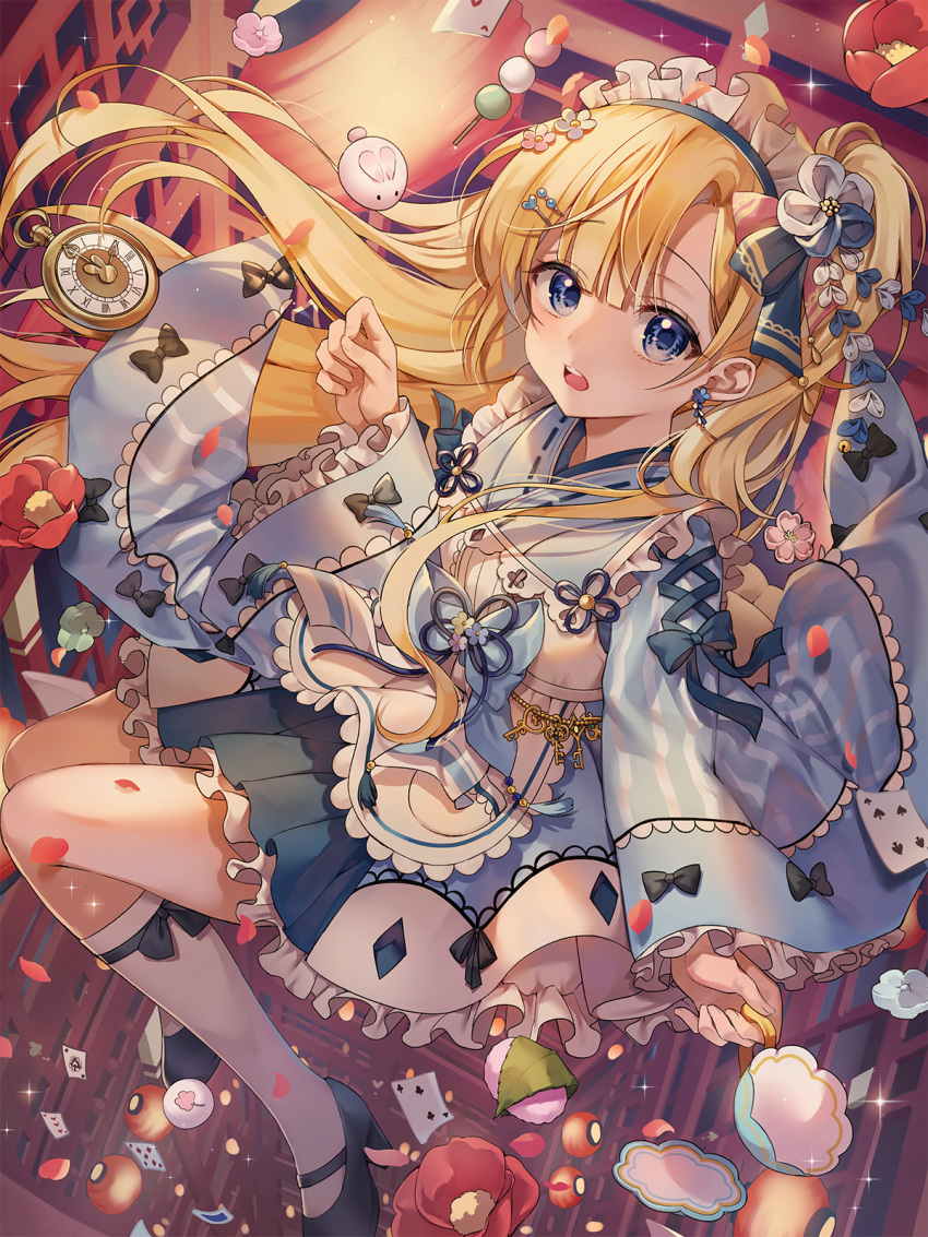1girl alice_(wonderland) alice_in_wonderland apron black_bow black_footwear blonde_hair blue_bow blue_eyes blue_kimono blue_skirt bow card chyoling commentary_request cup dango flower food frilled_apron frilled_skirt frilled_sleeves frills hair_bow heart high_heels highres holding holding_cup japanese_clothes kimono kneehighs long_hair long_sleeves looking_at_viewer maid_apron maid_headdress one_side_up open_mouth playing_card pleated_skirt pocket_watch red_flower ribbon_trim sakura_mochi sanshoku_dango saucer shoes skirt sleeves_past_wrists solo teacup upper_teeth very_long_hair wa_maid wagashi watch white_apron white_legwear wide_sleeves