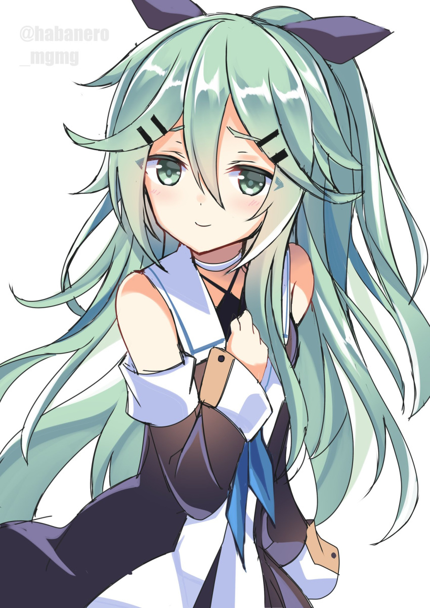 1girl arm_up black_ribbon blue_neckwear blue_ribbon blush breasts closed_mouth detached_sleeves eyebrows_visible_through_hair fathom green_eyes green_hair hair_between_eyes hair_ornament hair_ribbon hairclip highres kantai_collection long_hair looking_at_viewer neckerchief open_mouth ponytail ribbon school_uniform serafuku sidelocks simple_background smile solo thigh-highs twitter_username white_background yamakaze_(kantai_collection) zettai_ryouiki