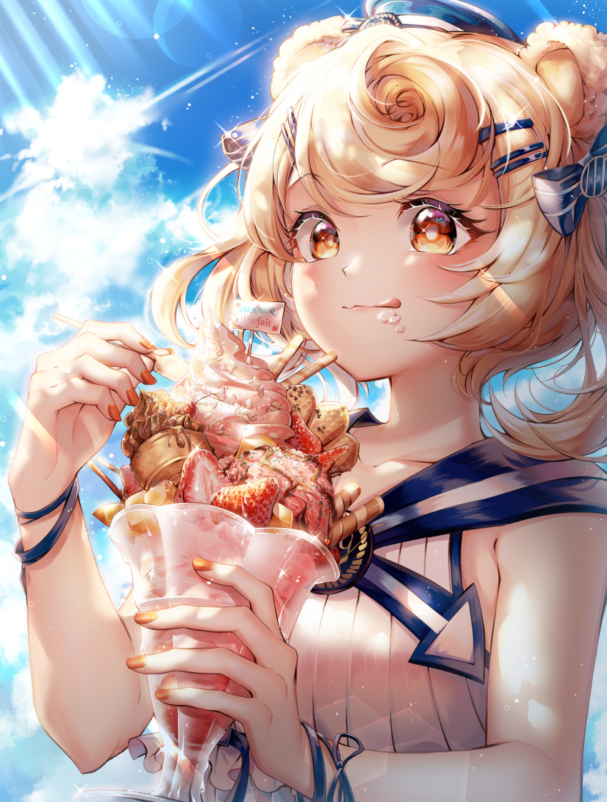 :q absurdres animal_ears arknights bare_shoulders bear_ears blonde_hair blue_bow blush bow closed_mouth clouds collarbone commentary_request cream curly_hair day eating fingernails food food_on_face fruit gummy_(arknights) hair_bow hair_ornament hairclip highres huge_filesize ice_cream light_rays long_hair looking_at_viewer mocohi123 nail_polish orange_eyes orange_nails outdoors ribbon shirt sleeveless sleeveless_shirt smile strawberry sunbeam sundae sunlight tongue tongue_out twintails upper_body white_shirt wrist_ribbon