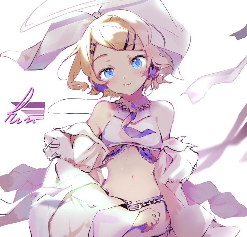 1girl absurdres bangs bare_shoulders blonde_hair bow character_name crop_top detached_sleeves hair_bow hair_ornament hairclip highres kagamine_rin large_bow light_smile looking_at_viewer midriff miniskirt navel open_mouth oyamada_gamata short_hair skirt solo swept_bangs upper_body vocaloid white_background white_bow wide_sleeves