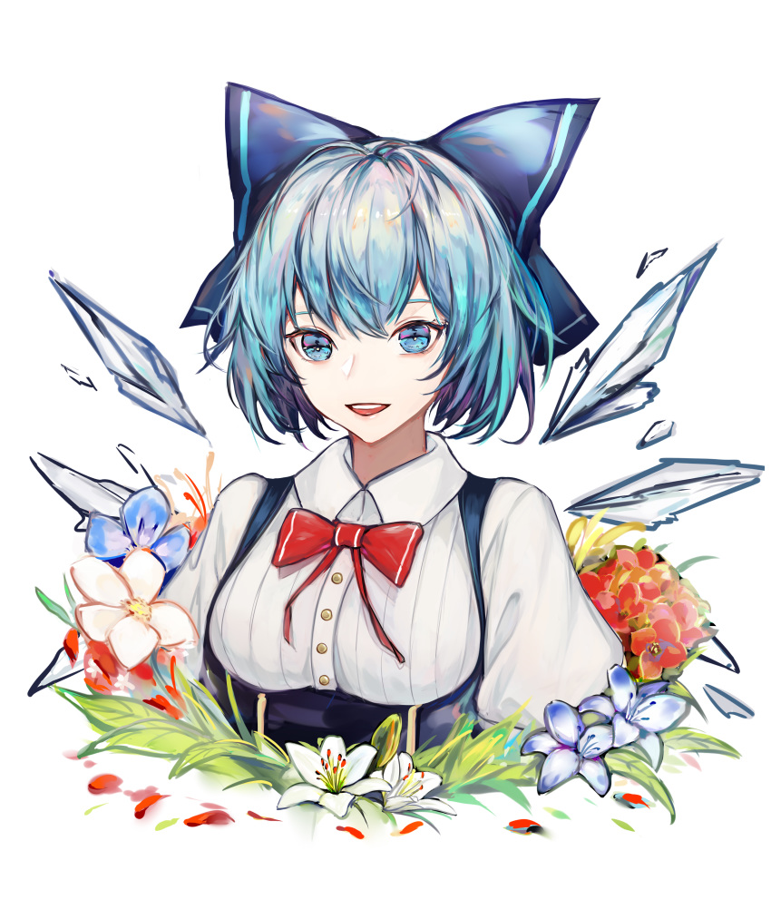 1girl absurdres bangs blue_bow blue_dress blue_eyes blue_hair bow breasts cirno collar collared_shirt commentary dress eyebrows_behind_hair fairy_wings fanshu flower hair_bow highres ice ice_wings looking_at_viewer medium_breasts open_mouth pinafore_dress puffy_short_sleeves puffy_sleeves red_bow shirt short_hair short_sleeves simple_background smile solo touhou upper_body white_background white_shirt wings