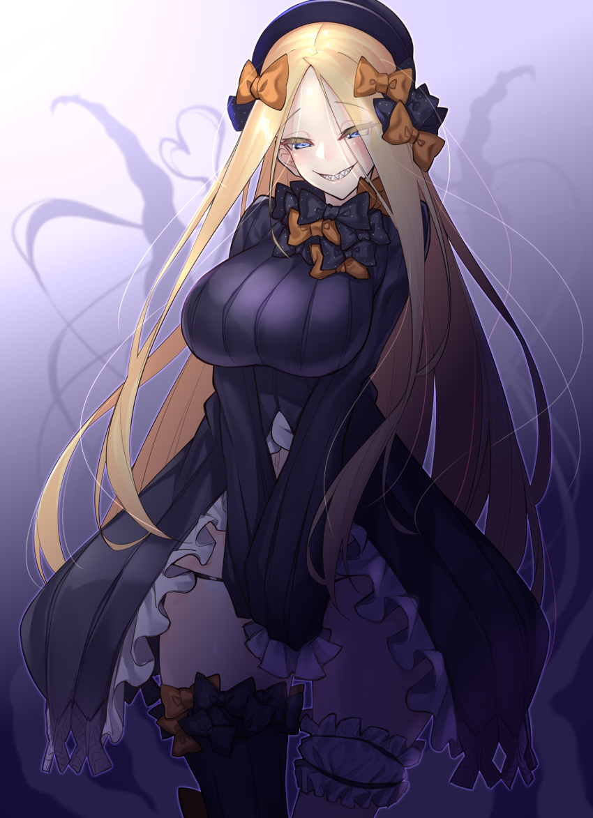 1girl abigail_williams_(fate/grand_order) bangs black_dress black_headwear black_panties blonde_hair blue_eyes bow breasts dress evil_grin evil_smile fate/grand_order fate_(series) grin hat highres large_breasts long_hair multiple_bows older orange_bow panties parted_bangs polka_dot polka_dot_bow sleeves_past_wrists smile tentacles underwear very_long_hair watosu watosu_(watosu_mama) white_bloomers white_hair white_skin witch_hat