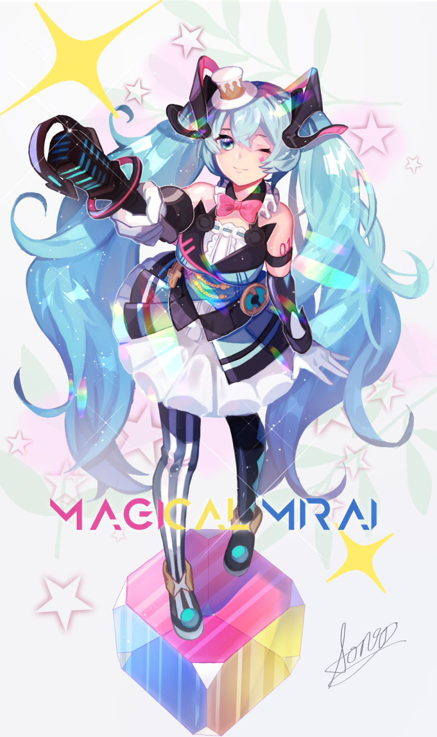 aiming_at_viewer aono_99 aqua_eyes aqua_hair argyle argyle_legwear bare_shoulders black_dress bow bowtie cube dress hair_ornament hat hatsune_miku highres holding holding_wand magical_mirai_(vocaloid) microphone_wand mini_hat mini_top_hat mismatched_legwear one_eye_closed pink_bow pleated_skirt shoulder_tattoo signature skirt smile sparkle standing_on_object star starry_background striped striped_legwear tattoo thigh-highs top_hat vocaloid wand white_headwear