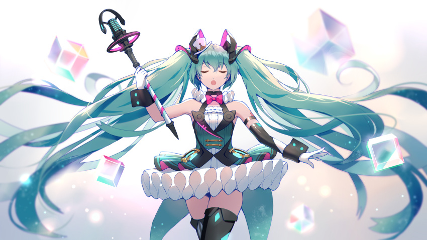 1girl absurdly_long_hair aqua_hair bare_shoulders bow bowtie closed_eyes commentary cube dress framed_breasts gloves hair_ornament hat hatsune_miku highres holding holding_wand light_particles long_hair magical_mirai_(vocaloid) microphone_wand mini_hat mini_top_hat neck_ruff open_mouth pink_neckwear ruffled_dress sleeveless sleeveless_dress solo standing top_hat twintails upper_body very_long_hair vocaloid wand white_dress white_gloves white_headwear wrist_cuffs yin.