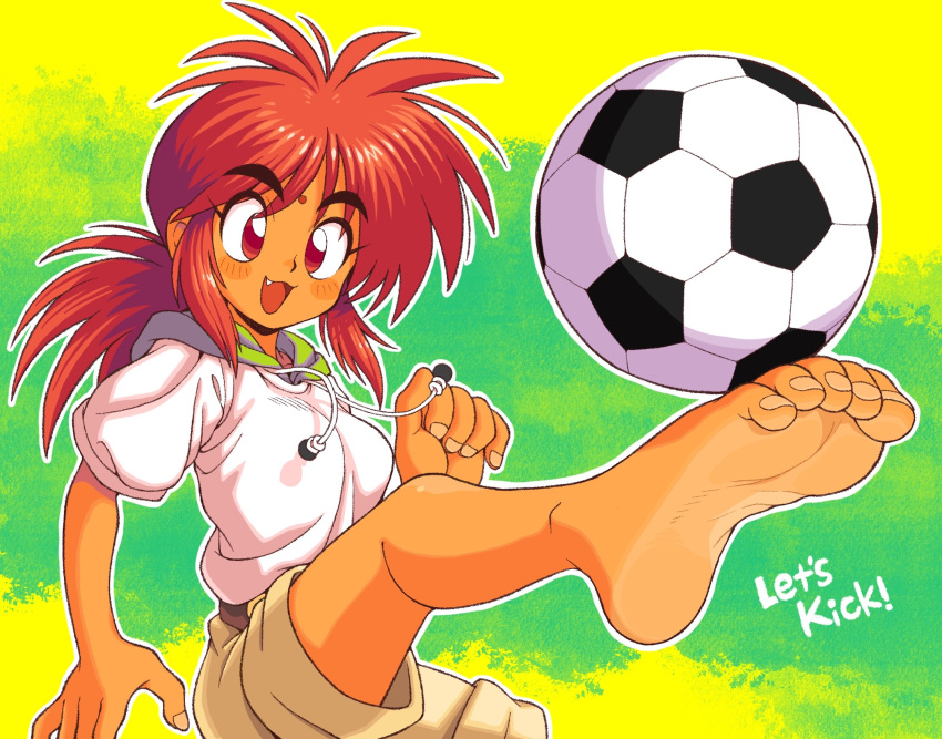 1girl barefoot bindi blush blush_stickers fang feet football football_(object) highres hood hoodie let's_kick long_hair oyatsu_(mk2) ponytail pov_feet red_eyes redhead shorts soles solo source_request spiky_hair tan toes tomboy young