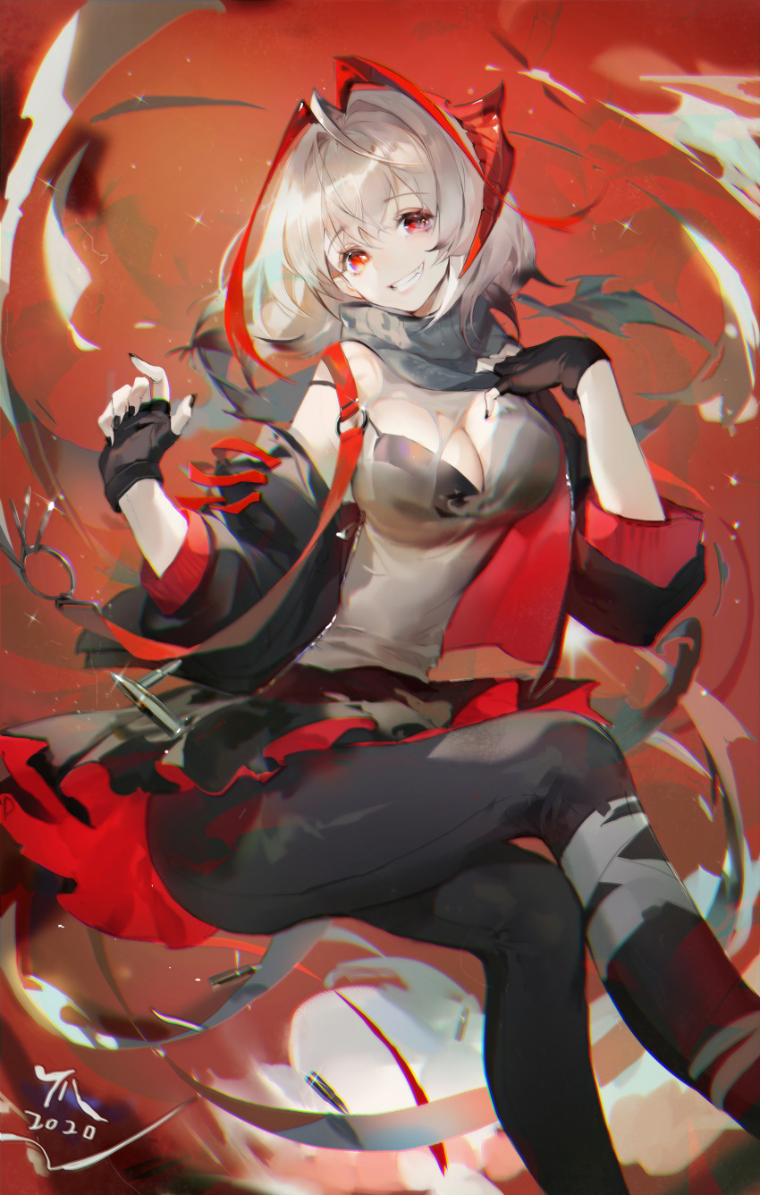 1girl absurdres arknights black_bra black_gloves black_jacket black_legwear black_scarf black_skirt bra claw_(rjtd7274) demon_horns detonator fingerless_gloves gloves grey_hair grey_scarf grey_shirt highres horn horns jacket looking_at_viewer red_eyes scarf shirt skirt underwear