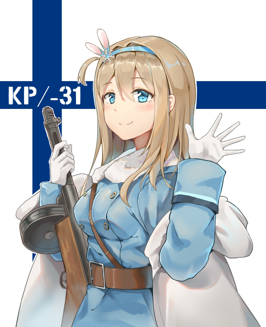 1girl absurdres belt blue_coat blue_eyes blush breasts brown_belt brown_hair character_name closed_mouth coat eyebrows_visible_through_hair girls_frontline gloves gun hairband highres holding holding_gun holding_weapon large_breasts long_hair long_sleeves looking_at_viewer smile solo suomi_kp31_(girls_frontline) unicron_(brous) upper_body weapon white_gloves