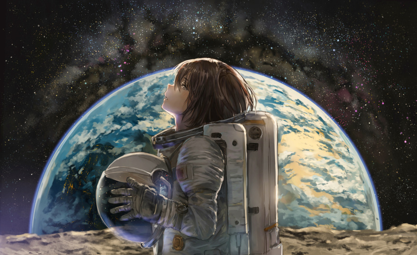 1girl blush brown_hair catzz clouds earth eyebrows_visible_through_hair gloves grey_gloves headwear_removed helmet helmet_removed highres holding holding_helmet looking_at_viewer moon night original oxygen_tank parted_lips profile raised_chin rock short_hair signature sky solo space spacesuit star_(sky) starry_sky upper_body visor wristband
