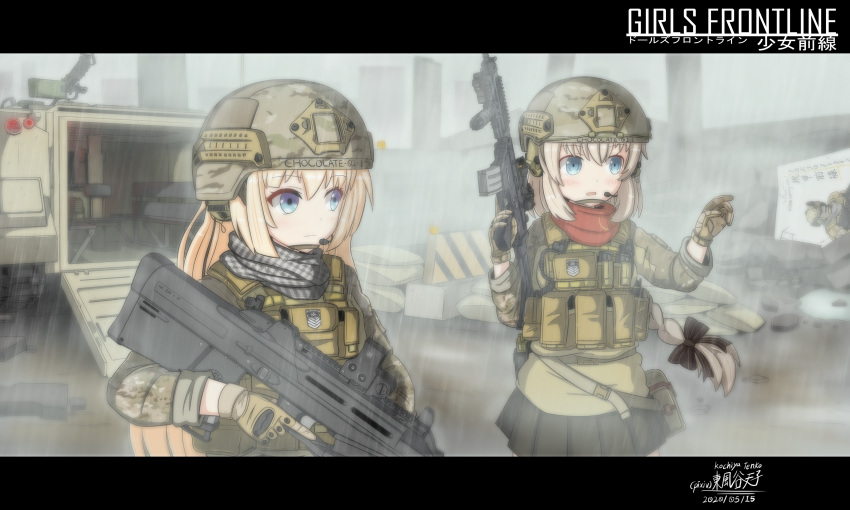 2girls absurdres acog armored_personnel_carrier armored_vehicle artist_name assault_rifle bangs blonde_hair blue_eyes braid braided_ponytail bullpup camouflage chinese_commentary commentary_request english_text eotech eyebrows_visible_through_hair f2000_(girls_frontline) fn_f2000 fn_fnc fnc_(girls_frontline) girls_frontline gloves ground_vehicle gun hair_between_eyes hair_ribbon hazard_stripes headset helmet highres holding holding_weapon holster load_bearing_vest logo long_braid long_hair m113 military military_operator military_uniform multiple_girls open_mouth plate plate_carrier pleated_skirt ponytail rain red_scarf ribbon rifle scarf signature skirt sleeves_rolled_up thigh_holster toramaru-913 trigger_discipline uniform vertical_foregrip vest weapon