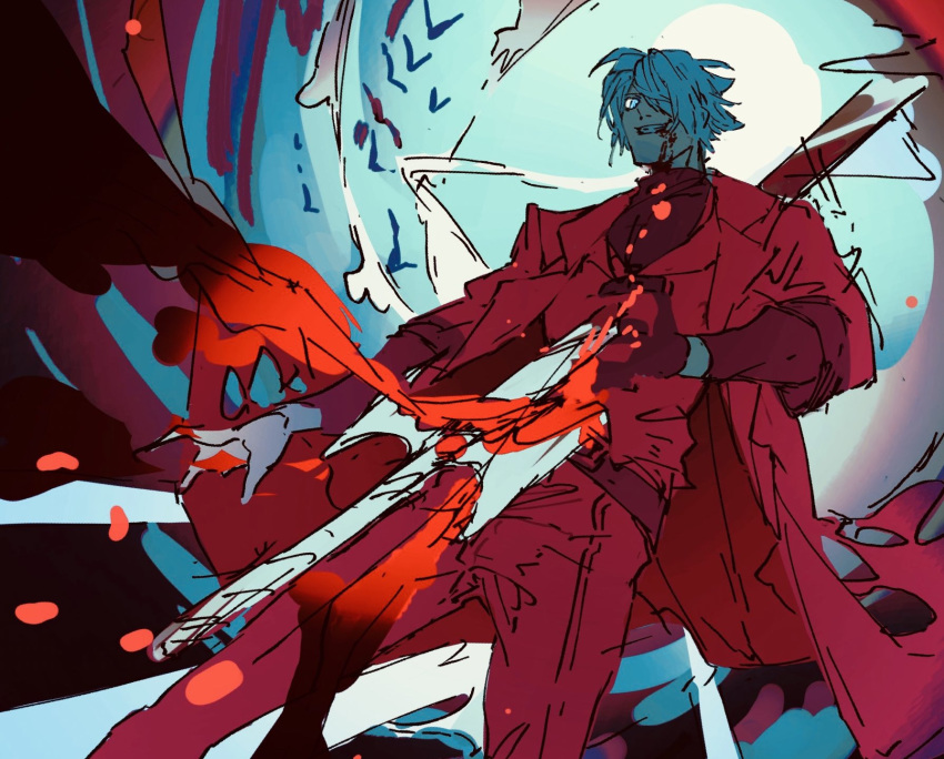 1boy animal belt bird bleeding blood blood_from_mouth blood_on_face bloody_hands bloody_weapon blue_eyes coat dante_(devil_may_cry) devil_may_cry endo_(takolegs) grin hair_over_one_eye highres injury male_focus red_coat silhouette sketch sleeves_rolled_up smile solo stabbed sword teeth torn_clothes weapon white_hair