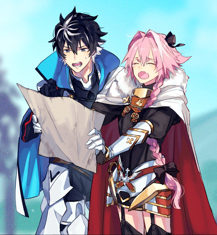 2boys armor astolfo_(fate) black_bow black_hair blue_cape bow braid cape charlemagne_(fate) cloak closed_eyes fang fate/apocrypha fate/extella fate/extella_link fate/extra fate_(series) fur_trim garter_straps gauntlets hair_intakes highres holding_map long_braid long_hair looking_at_map male_focus map multicolored_hair multiple_boys ono_matope open_mouth pink_hair pointing red_cloak short_hair single_braid skin_fang streaked_hair sweatdrop thigh-highs two-tone_hair white_cape white_cloak white_hair