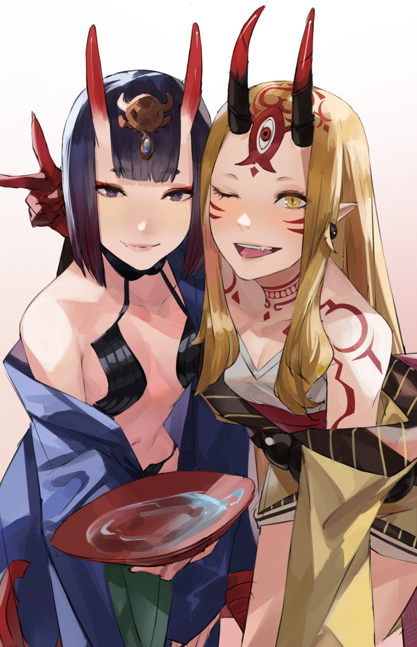 2girls bangs bare_shoulders blazpu blonde_hair blush bob_cut breasts collarbone eyeliner facial_mark fate/grand_order fate_(series) fingernails forehead_mark headpiece highres horns ibaraki_douji_(fate/grand_order) japanese_clothes kimono long_hair long_sleeves looking_at_viewer makeup multiple_girls oni oni_horns open_mouth pointy_ears purple_hair purple_kimono revealing_clothes sharp_fingernails short_hair shuten_douji_(fate/grand_order) skin-covered_horns small_breasts smile tattoo violet_eyes wide_sleeves yellow_eyes yellow_kimono