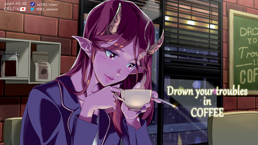 1girl cafe cigarette coffee coffee_mug coffee_talk cup del demon_girl english_text highres horns indoors jacket long_hair looking_down lua_(coffee_talk) mug pointy_ears purple_skin sitting smoking solo succubus window