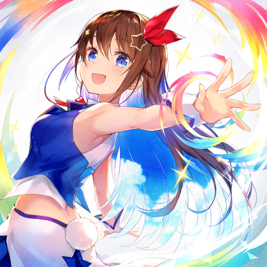 1girl :d amagai_tarou armpits bare_shoulders blue_eyes blue_vest bow bowtie breasts brown_hair bunny_tail clouds commentary_request crop_top hair_ornament highres hololive large_breasts long_hair looking_at_viewer midriff open_mouth outstretched_arm shirt skirt sleeveless sleeveless_shirt smile solo sparkle tail tokino_sora upper_body vest white_shirt wrist_cuffs