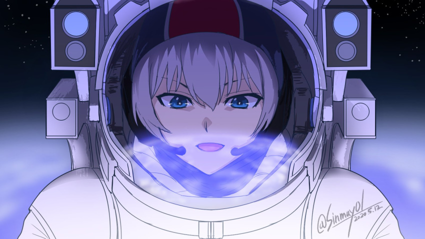 1girl alternate_costume astronaut blue_eyes close-up earth girls_und_panzer highres itsumi_erika open_mouth reflection shinmai_(kyata) silver_hair solo spacesuit star_(sky) tagme