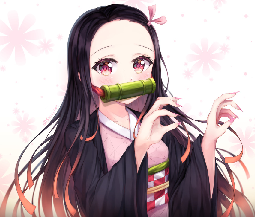 1girl absurdres black_hair collarbone fingernails floating_hair gradient_hair hair_ribbon haori highres japanese_clothes kamado_nezuko kimetsu_no_yaiba kimono long_hair looking_at_viewer machin4719 multicolored_hair nail_polish obi orange_hair pink_eyes pink_kimono pink_nails pink_ribbon ribbon sash sharp_fingernails solo upper_body very_long_hair white_background