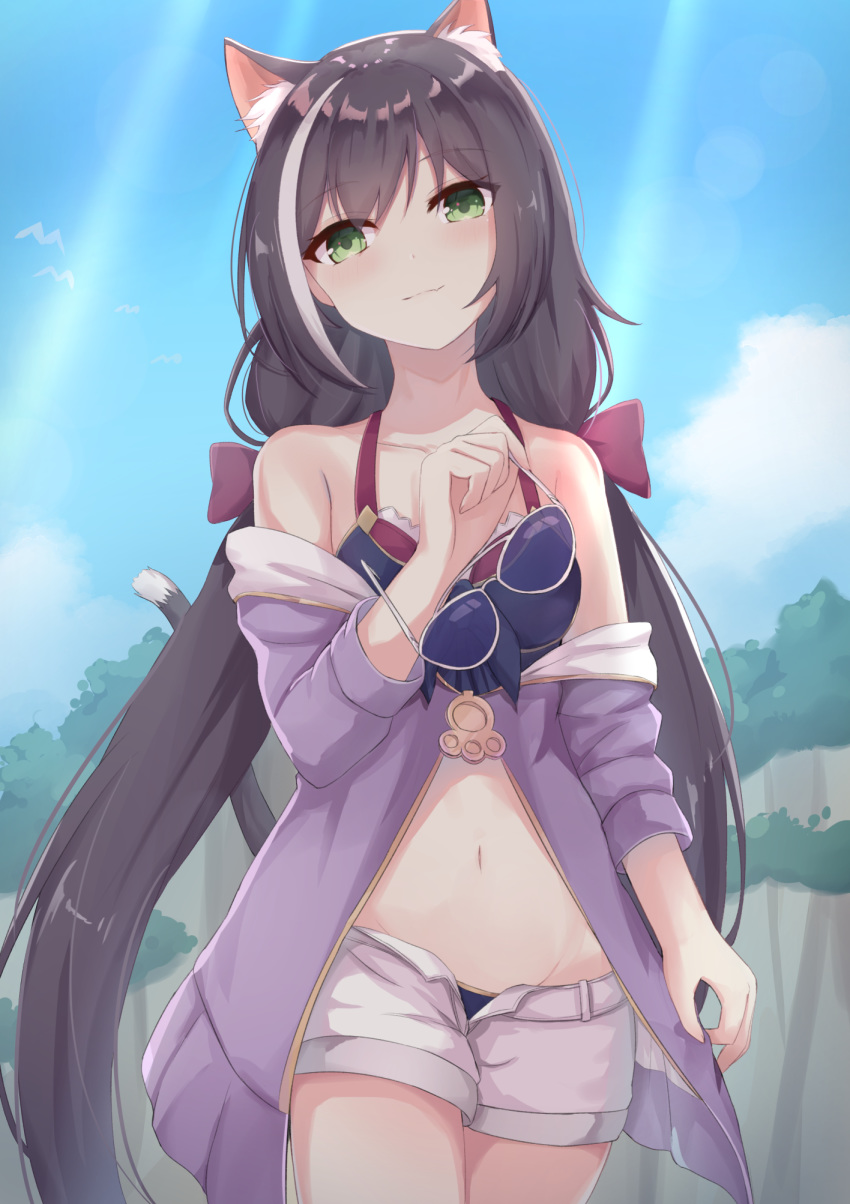 1girl animal_ear_fluff animal_ears bare_shoulders bikini black_hair blue_bikini cat_ears cat_girl cat_tail cowboy_shot day eyewear_removed green_eyes highres holding jacket karyl_(princess_connect!) long_hair looking_at_viewer low_twintails multicolored_hair navel off_shoulder open_clothes open_fly open_jacket princess_connect! princess_connect!_re:dive purple_jacket short_shorts shorts solo standing stomach streaked_hair sunglasses sunlight swimsuit tail touhourh twintails very_long_hair white_shorts