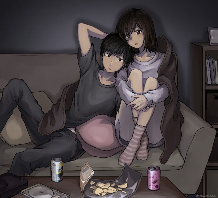 1boy 1girl black_eyes black_hair can chips commentary convenient_leg couch dark dvd_case food highres indoors leaning_on_person legs_up original pillow potato_chips setu_kurokawa sitting socks striped striped_legwear strong_zero