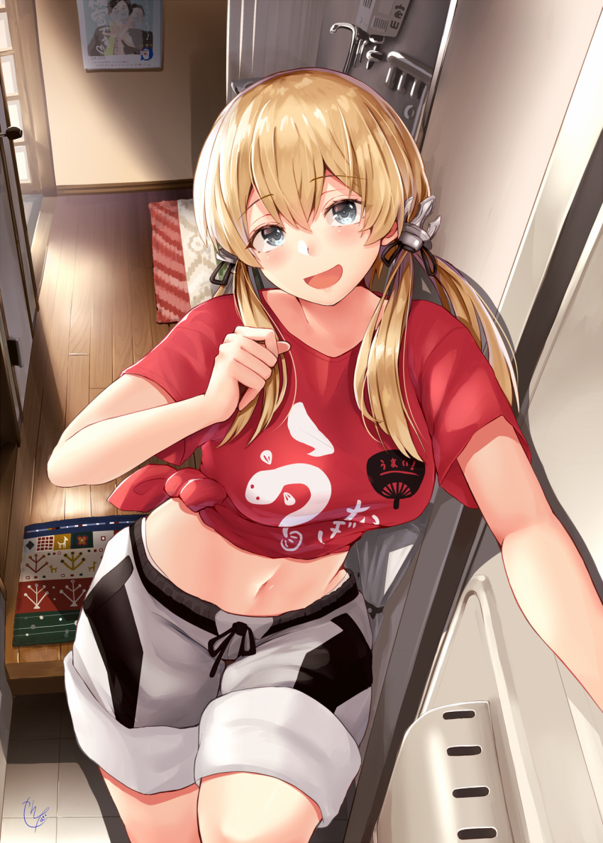 1girl anchor_hair_ornament blonde_hair blue_eyes breasts camouflage camouflage_pants casual hair_ornament highres indoors kantai_collection leaning long_hair looking_at_viewer medium_breasts narushima_kanna navel open_mouth pants prinz_eugen_(kantai_collection) red_shirt shirt shorts solo tied_shirt twintails white_shorts