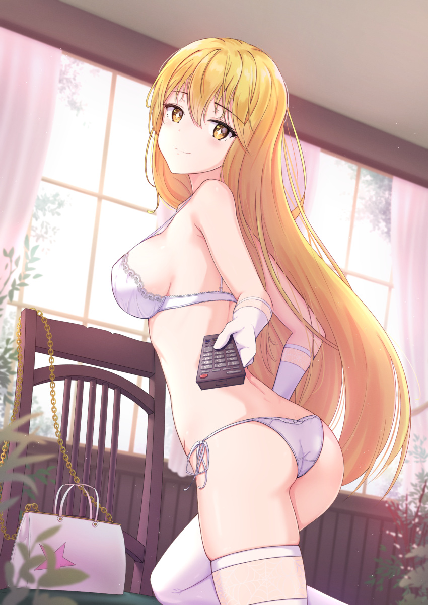 +_+ 1girl ass bangs bare_shoulders blonde_hair blush breasts chain chair commentary day elbow_gloves eyebrows_visible_through_hair from_side gloves highres holding_remote_control indoors knee_up large_breasts long_hair looking_at_viewer marinesnow panties pink_bag school_uniform shokuhou_misaki smile solo symbol-shaped_pupils thigh-highs to_aru_kagaku_no_railgun to_aru_majutsu_no_index underwear white_gloves white_legwear white_panties window yellow_eyes