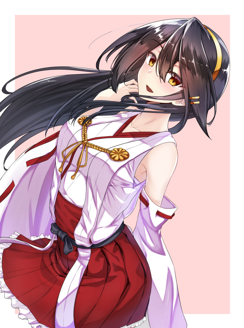 1girl absurdres arm_up bare_shoulders black_hair blush breasts brown_eyes carmine_(ucdio) detached_sleeves eyebrows_visible_through_hair graphite_(medium) hair_between_eyes hair_ornament hairband hairclip haruna_(kantai_collection) headgear highres japanese_clothes kantai_collection large_breasts long_hair looking_at_viewer mechanical_pencil nontraditional_miko open_mouth pencil pink_background remodel_(kantai_collection) ribbon-trimmed_sleeves ribbon_trim skirt smile solo traditional_media two-tone_background white_background