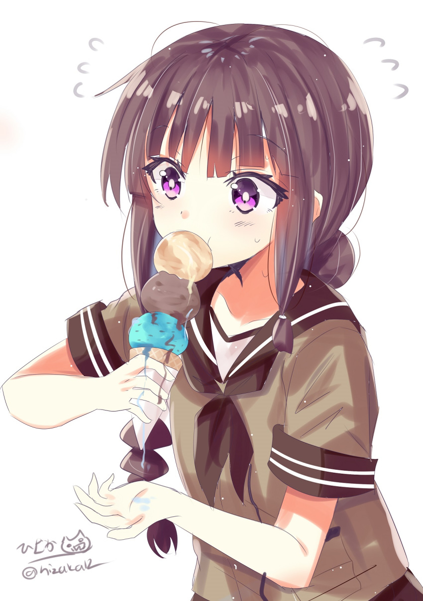 1girl bangs black_hair blunt_bangs blush braid breasts brown_sailor_collar brown_shirt brown_skirt eyebrows_visible_through_hair food hair_between_eyes hair_ribbon highres hizaka holding ice_cream ice_cream_cone kantai_collection kitakami_(kantai_collection) long_hair melting neckerchief ribbon sailor_collar school_uniform serafuku shirt short_sleeves sidelocks simple_background single_braid skirt solo tress_ribbon twitter_username white_background