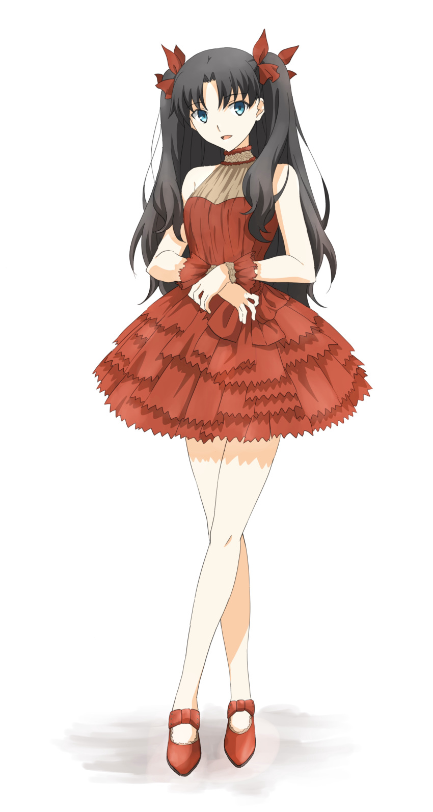 1girl absurdres black_hair blue_eyes bow dress evening_gown fate/stay_night fate_(series) full_body hair_bow hair_intakes highres kana090601 layered_dress long_hair looking_at_viewer open_mouth pumps red_bow red_dress red_footwear short_dress simple_background sleeveless sleeveless_dress solo standing toosaka_rin twintails very_long_hair white_background