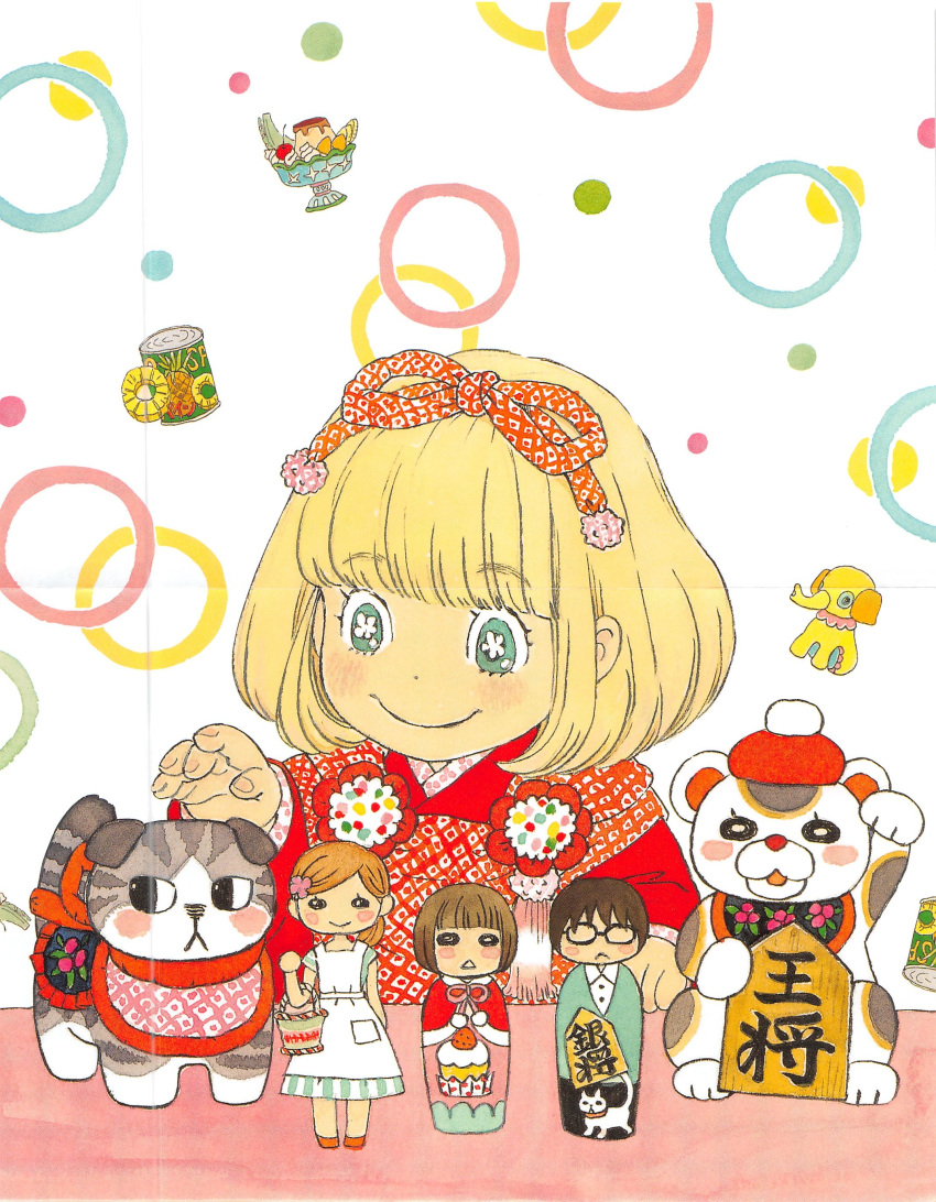 1girl :&lt; :o absurdres animal apron aqua_sweater bangs basket black-framed_eyewear black_eyes black_hair blonde_hair blue_dress blunt_bangs blush blush_stickers board_game bob_cut bowl_cut brown_hair bubble bubble_background can cat character_doll cherry child closed_mouth collared_shirt colorful cream cup doll dot_nose dress dress_shirt elephant eyebrows_visible_through_hair fingernails flower flower-shaped_pupils food fruit glasses green_eyes hair_flower hair_ornament hair_ribbon hairclip hand_up happy highres ice_cream ice_cream_cup japanese_clothes kawamoto_akari kawamoto_hinata kawamoto_momo kiriyama_rei looking_down matryoshka_doll multicolored multicolored_background official_art pineapple pineapple_slice pink_flower polka_dot polka_dot_background pudding red_ribbon ribbon sangatsu_no_lion shirt shougi shougi_piece side_ponytail simple_background smile solid_oval_eyes solo sweater table toy umino_chika upper_body white_apron white_background white_shirt
