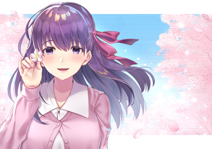 1girl :d bangs blue_eyes cherry_blossoms collarbone eyebrows_visible_through_hair fate/stay_night fate_(series) floating_hair flower gakuon_(gakuto) hair_between_eyes hair_flower hair_ornament hair_ribbon long_hair long_sleeves looking_at_viewer matou_sakura open_mouth pink_cardigan purple_hair red_ribbon ribbon shiny shiny_hair shirt smile solo upper_body white_flower white_shirt