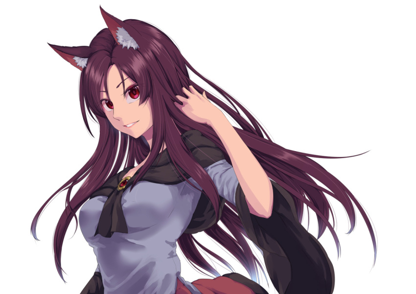 1girl animal_ears breasts brooch brown_hair dress hand_in_hair imaizumi_kagerou jewelry light_smile long_hair looking_at_viewer medium_breasts off-shoulder_dress off_shoulder red_eyes simple_background solo tenamaru touhou white_background wolf_ears