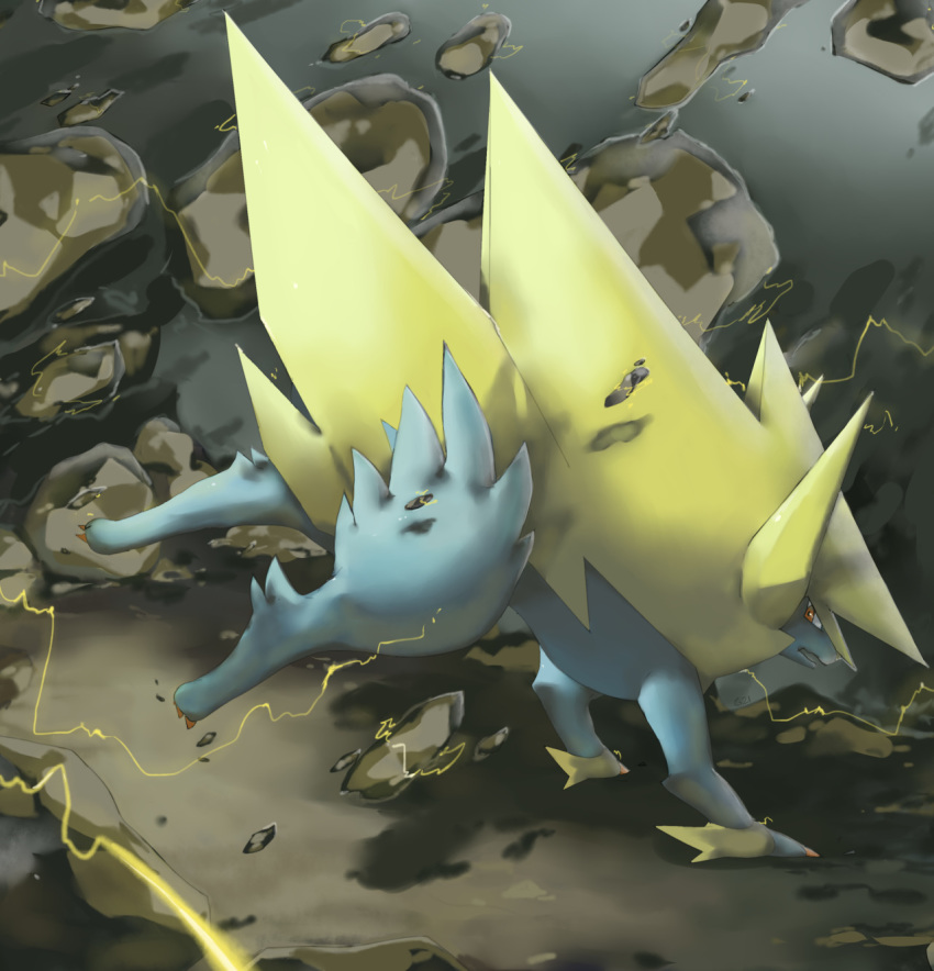 brown_eyes claws commentary creature electricity english_commentary full_body gen_3_pokemon highres manectric mega_manectric mega_pokemon no_humans pinkgermy pokemon pokemon_(creature) rock solo