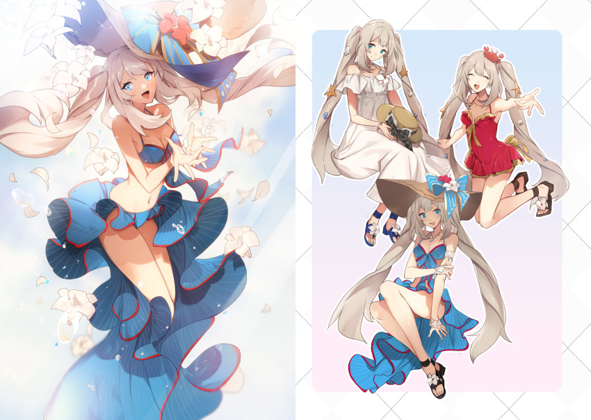 1girl absurdres blue_eyes boots dress fate/grand_order fate_(series) gloves hat highres long_hair marie_antoinette_(fate/grand_order) multiple_girls multiple_views no-kan red_dress sitting sleeveless sleeveless_dress smile sun_hat swimsuit twintails very_long_hair white_dress white_hair