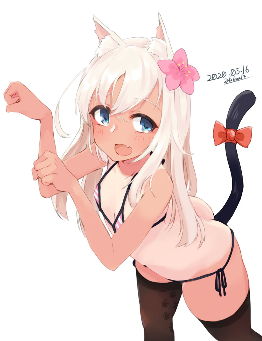 1girl alakoala animal_ear_fluff animal_ears ass bangs bare_arms bare_shoulders bikini black_legwear blue_eyes blush bow breasts brown_legwear cat_ears cat_girl cat_tail eyebrows_visible_through_hair fang flower hair_between_eyes hair_flower hair_ornament highres kantai_collection kemonomimi_mode long_hair looking_at_viewer one-piece_tan open_mouth paw_pose ribbon ro-500_(kantai_collection) side-tie_bikini simple_background small_breasts smile solo swimsuit symbol_commentary tail tail_bow tail_raised tan tanline thigh-highs