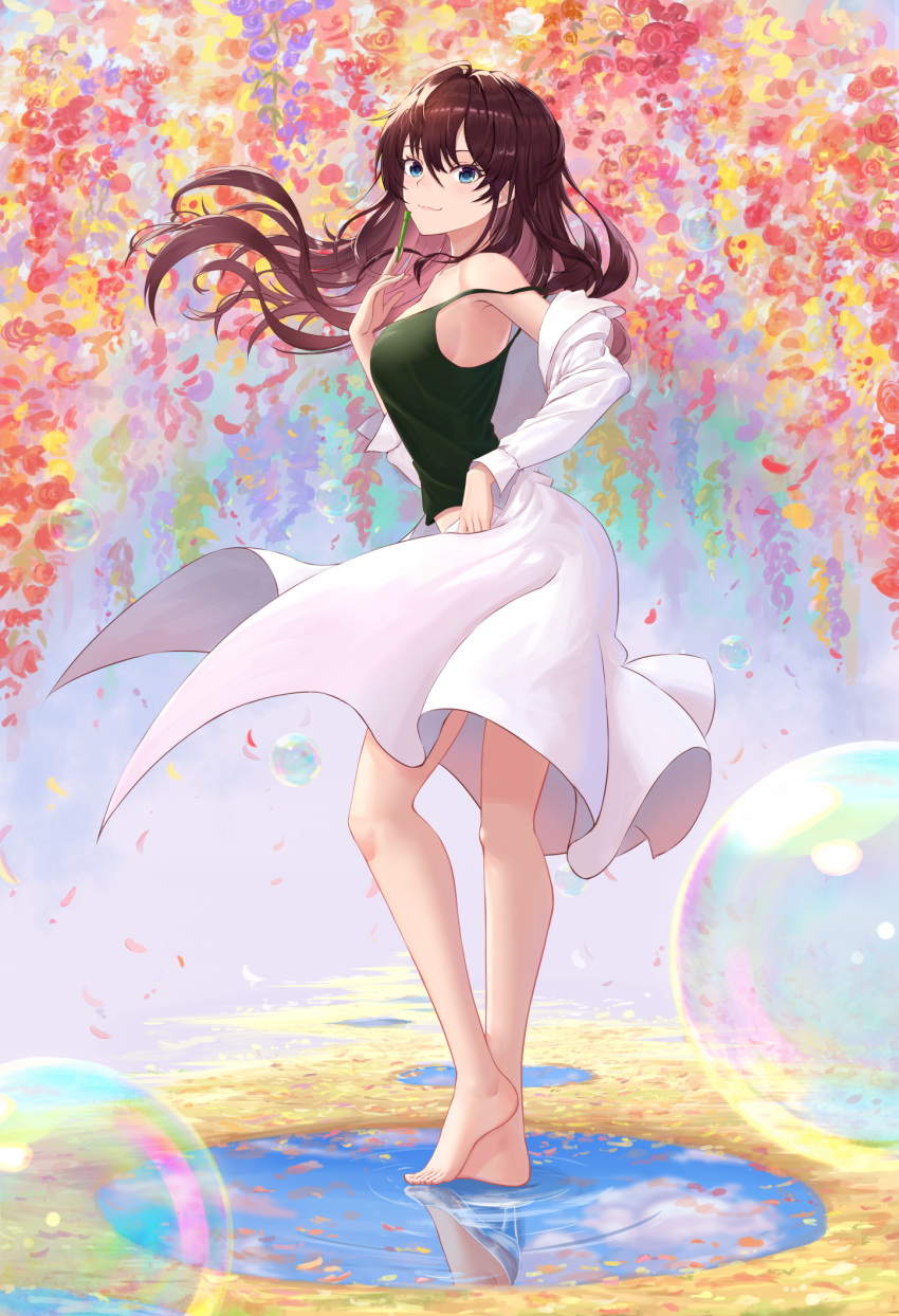 1girl :3 armpits bangs bare_legs bare_shoulders barefoot blue_eyes breasts bubble bubble_wand collarbone flower full_body green_tank_top hair_between_eyes hair_blowing highres ichinose_shiki idolmaster idolmaster_cinderella_girls idolmaster_cinderella_girls_starlight_stage labcoat long_hair long_sleeves looking_at_viewer maitake_(maitake1234) medium_breasts orange_flower orange_rose petals plant puddle purple_flower purple_rose red_flower redhead rose sideboob smile solo strap_slip tank_top vines water