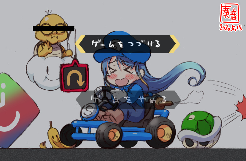 &gt;_&lt; 1girl alternate_costume artist_logo banana_peel bangs blue_hair blue_headwear blush censored closed_eyes clouds commentary_request dated driving fishing_rod gloves go_kart gradient_hair green_shell highres identity_censor kanon_(kurogane_knights) kantai_collection lakitu long_hair mario_kart multicolored_hair nose_blush overalls parody pun samidare_(kantai_collection) sign solo swept_bangs tears translation_request very_long_hair white_gloves