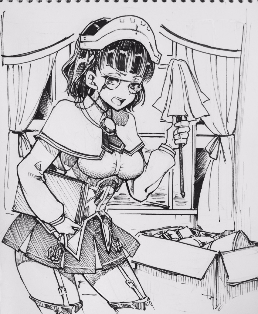 1girl aosa_(momikin) bangs blunt_bangs box breasts capelet curtains garter_straps glasses greyscale headdress highres holding indoors kantai_collection long_sleeves monochrome open_mouth pince-nez pleated_skirt roma_(kantai_collection) short_hair skirt solo thigh-highs traditional_media window