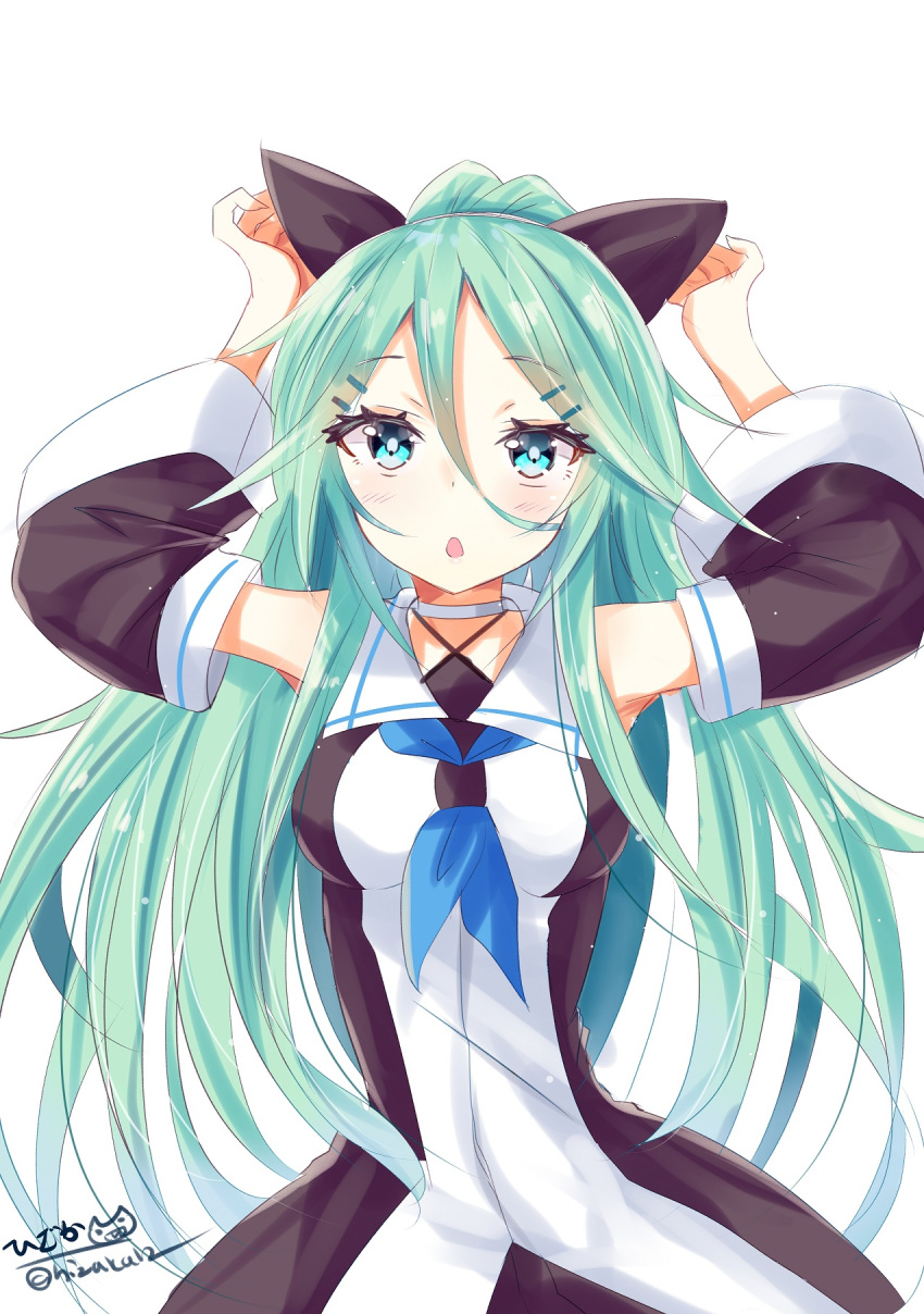 1girl aqua_eyes arms_up bangs black_ribbon black_skirt blue_neckwear blush breasts detached_sleeves eyebrows_visible_through_hair green_hair hair_between_eyes hair_flaps hair_ornament hair_ribbon hairclip highres hizaka kantai_collection long_hair looking_at_viewer lying medium_breasts neckerchief on_back open_mouth ponytail ribbon school_uniform serafuku sidelocks simple_background skirt solo twitter_username white_background yamakaze_(kantai_collection)