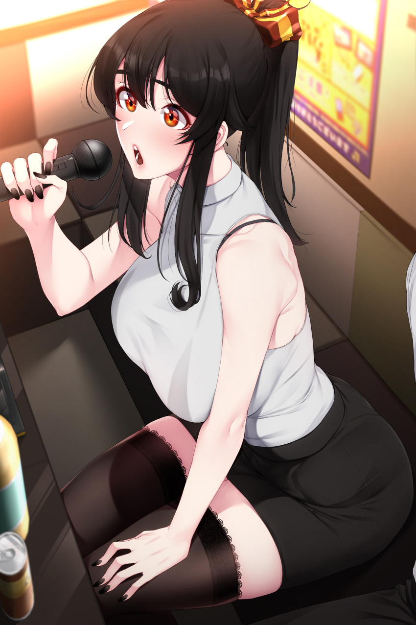 1girl absurdres akchu alcohol bangs bare_arms bare_shoulders beer_can black_hair black_legwear black_nails black_skirt blush bra_strap breasts brown_eyes can commentary_request from_above grey_shirt hair_between_eyes hair_ribbon hand_on_own_thigh high_ponytail highres holding holding_microphone karaoke large_breasts long_hair microphone miniskirt music open_mouth original poster_(object) ribbon shirt sidelocks singing sitting skirt sleeveless sleeveless_shirt table thigh-highs thighs