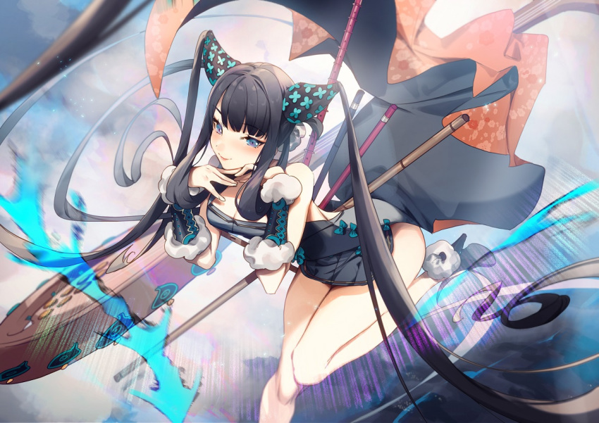 1girl bangs black_hair blue_eyes blunt_bangs breasts china_dress chinese_clothes dress fate/grand_order fate_(series) high_heels no-kan sideboob skirt_hold solo twintails yang_guifei_(fate/grand_order)