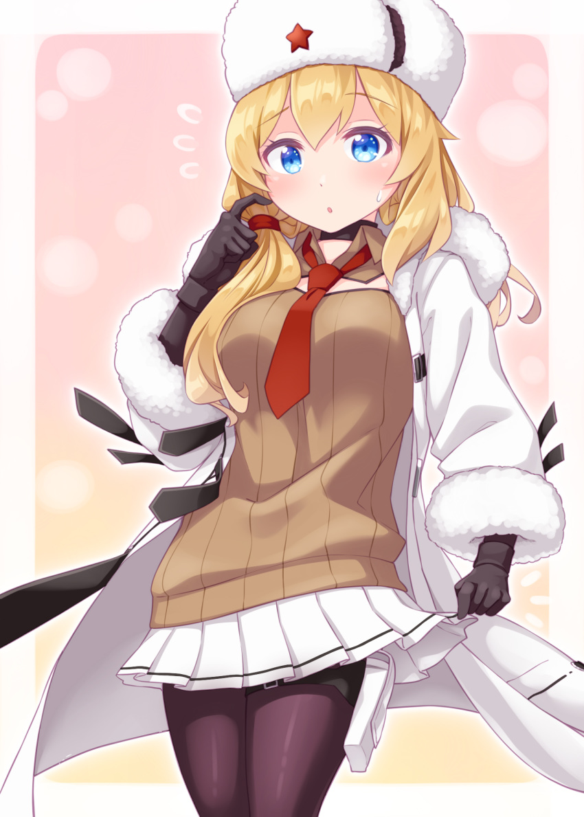 1girl :o bangs black_gloves blonde_hair blue_eyes blush breasts brown_legwear brown_sweater coat commentary_request eyebrows_visible_through_hair flying_sweatdrops fur-trimmed_jacket fur-trimmed_sleeves fur_hat fur_trim girls_frontline gloves hair_between_eyes hand_up haradaiko_(arata_himeko) hat highres jacket long_sleeves looking_at_viewer medium_breasts mosin-nagant_(girls_frontline) necktie open_clothes open_coat pantyhose parted_lips pleated_skirt red_neckwear red_star ribbed_sweater skirt solo sweat sweater white_coat white_headwear white_skirt