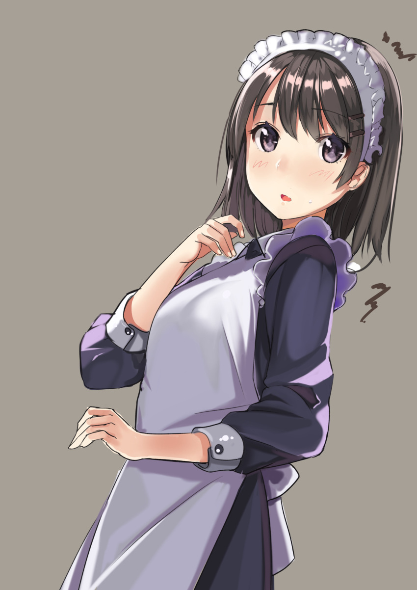 1girl apron blush brown_hair dress eyebrows_visible_through_hair from_side grey_background hair_ornament hairband hairclip highres kagematsuri long_sleeves looking_at_viewer looking_to_the_side maid_apron maid_headdress original purple_apron purple_dress short_hair simple_background solo sweatdrop violet_eyes