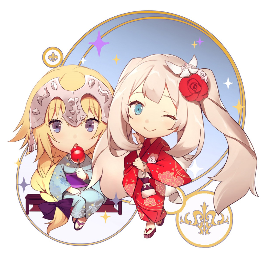 2girls alternate_costume blonde_hair blue_dress blue_ribbon braid chibi dress eyebrows_visible_through_hair fate/apocrypha fate/grand_order fate_(series) flower hair_flower hair_ornament japanese_clothes jeanne_d'arc_(fate) jeanne_d'arc_(fate)_(all) long_hair long_sleeves marie_antoinette_(fate/grand_order) multiple_girls no-kan one_eye_closed open_mouth puffy_sleeves red_flower red_rose ribbon rose sandals silver_hair smile violet_eyes