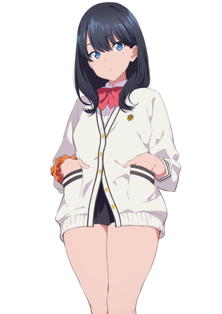 1girl bangs black_hair black_skirt blue_eyes blush bow bowtie breasts buttons closed_mouth collared_shirt hands_in_pockets highres iku_(ikuchan_kaoru) long_hair long_sleeves looking_at_viewer medium_breasts miniskirt orange_scrunchie pleated_skirt red_bow red_neckwear school_uniform scrunchie shirt simple_background skirt ssss.gridman straight_hair sweater takarada_rikka thighs white_background white_shirt white_sweater wrist_scrunchie