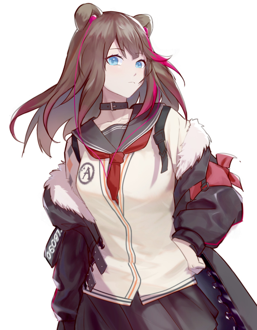 1girl absurdres animal_ears arknights bangs bear_ears black_choker black_hair black_jacket black_sailor_collar black_skirt blue_eyes cardigan choker commentary_request earphones earphones eyebrows_visible_through_hair fur-trimmed_jacket fur_trim hand_on_hip highres jacket long_hair long_sleeves looking_at_viewer multicolored_hair neckerchief red_neckwear redhead sailor_collar simple_background skirt solo streaked_hair upper_body white_background white_cardigan zima_(arknights) zzq