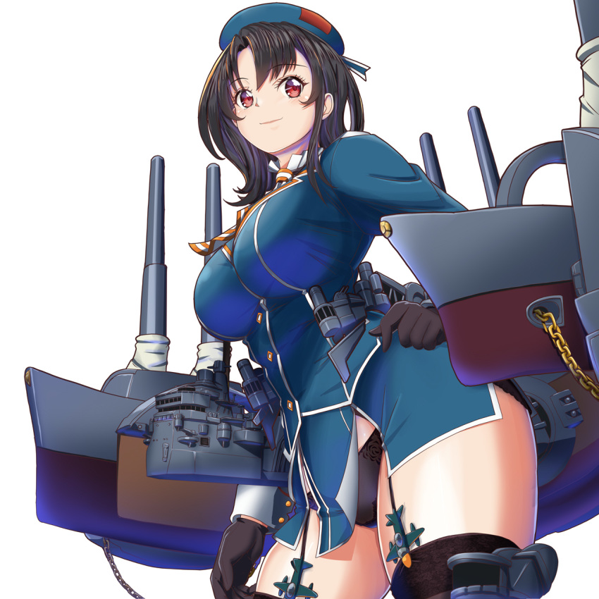 ascot beret black_gloves black_hair black_legwear black_panties blue_headwear blue_jacket blue_skirt breasts cannon garter_straps gloves hand_on_hip hat highres jacket kantai_collection large_breasts long_sleeves looking_at_viewer machinery military military_uniform miniskirt mokerou panties red_eyes rigging short_hair simple_background skirt smile smokestack takao_(kantai_collection) thigh-highs turret underwear uniform white_background