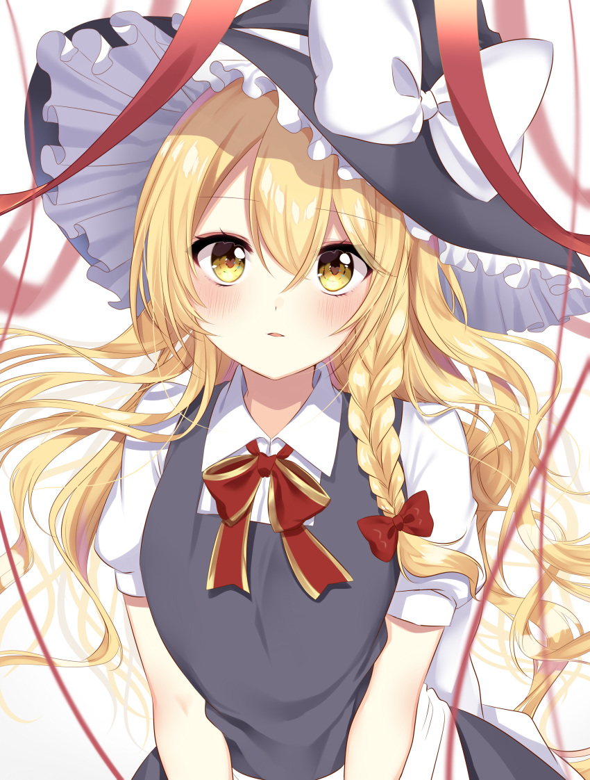1girl absurdres bangs black_headwear black_vest blonde_hair blush bow bowtie braid commentary_request eyebrows_visible_through_hair hair_between_eyes hair_bow hat hat_bow highres kirisame_marisa long_hair looking_at_viewer parted_lips partial_commentary puffy_short_sleeves puffy_sleeves red_bow red_neckwear red_ribbon ribbon shiki_(s1k1xxx) shirt short_sleeves single_braid solo touhou upper_body vest white_background white_bow white_shirt witch_hat yellow_eyes