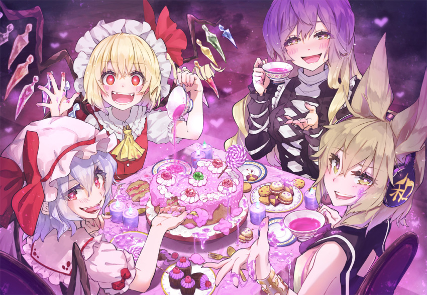 4girls :d ascot bangs bare_shoulders bat_wings black_dress blonde_hair blue_hair blush bow bracelet breasts brown_eyes brown_hair cake candy check_commentary checkerboard_cookie checkered checkered_floor commentary commentary_request cookie cross-laced_clothes crystal cup dress earmuffs eyebrows_visible_through_hair fangs flandre_scarlet food from_behind gradient_hair hands_up hat hat_bow hat_ribbon heart heart-shaped_pupils hijiri_byakuren holding holding_cup jewelry lollipop long_hair looking_at_viewer looking_back medium_breasts mob_cap multicolored_hair multiple_girls open_mouth pink_dress pink_headwear pointy_hair puffy_short_sleeves puffy_sleeves purple_hair red_bow red_eyes red_ribbon red_vest remilia_scarlet ribbon shirt short_hair short_sleeves siblings sisters sleeveless smile symbol-shaped_pupils syuri22 teacup tongue touhou toyosatomimi_no_miko uneven_eyes upper_body vest violet_detector white_headwear white_shirt wings yellow_neckwear