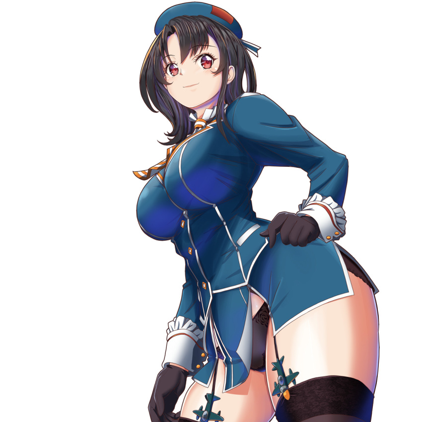 ascot beret black_gloves black_hair black_legwear black_panties blue_headwear blue_jacket blue_skirt breasts garter_straps gloves hand_on_hip hat highres jacket kantai_collection large_breasts long_sleeves looking_at_viewer military military_uniform miniskirt mokerou panties red_eyes short_hair simple_background skirt smile smokestack takao_(kantai_collection) thigh-highs underwear uniform white_background